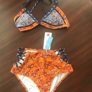 High-waist floral and paisley print bikini